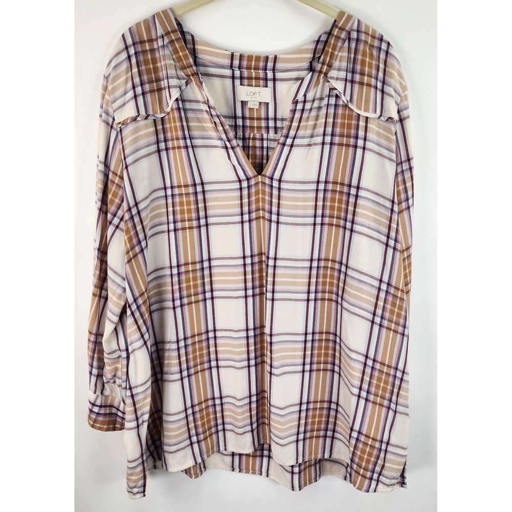 Loft Plaid V-Neck Top Women's L Rust Cream Earthy Boho Relaxed Fit Popover
